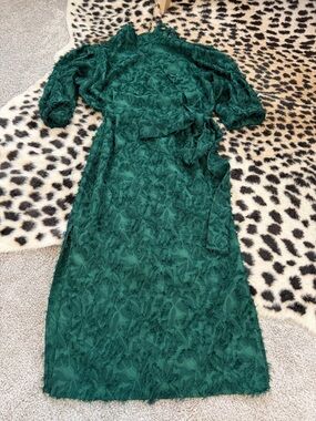 Zara Dark Green Textured Midi Dress with Waist Tie